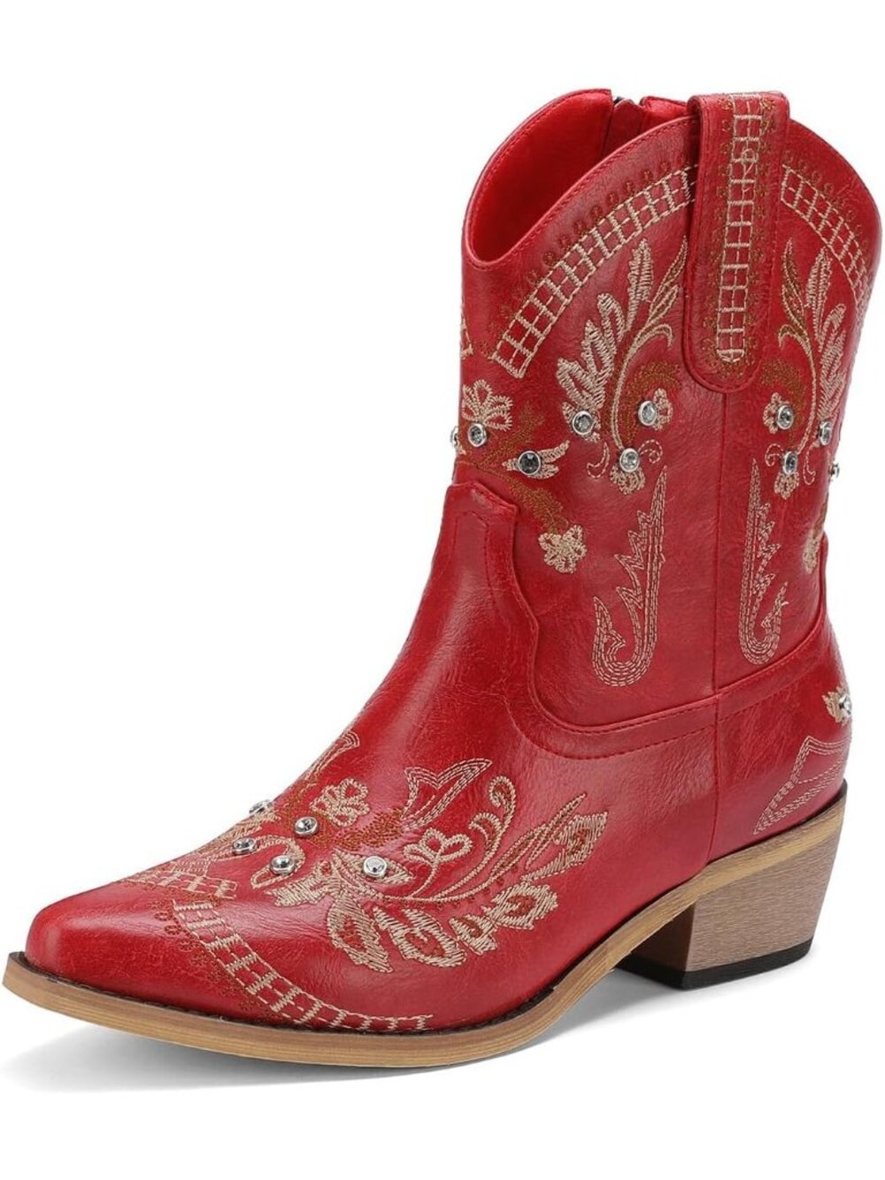 Women's Red Chunky Low Heel Side Zipper Comfortable Western Ankle Boots
